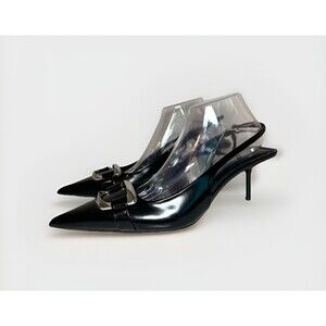 ZARA NEW Black Silver Pointed Toe Kitten Heel Slingback Sandal Women US 11 EU 42